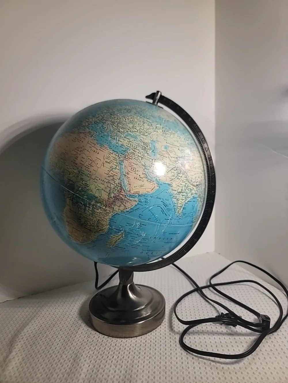 Illuminated Blue Table Globe on Metal Stand